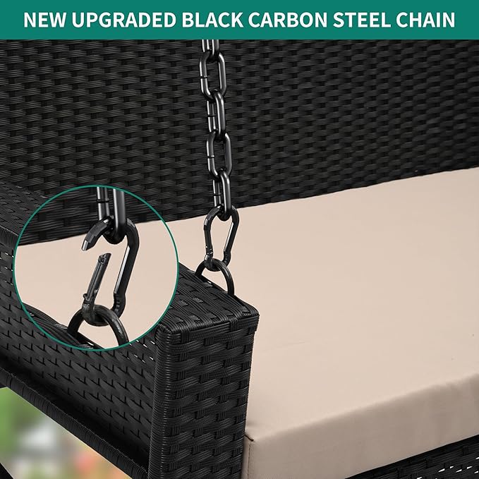 YITAHOME Wicker Hanging Porch Swing Chair 2-Seats Outdoor Black Rattan Patio Swing Lounge w/ 2 Back Cushions Capacity - Photo 3