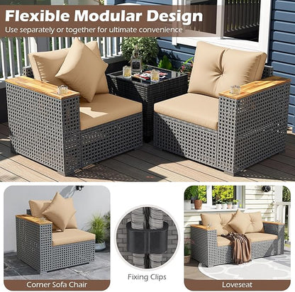 Tangkula 62.5" Large Patio Wicker Loveseat with Acacia Wood Armrests & Cup Holders, Outdoor 2-Piece Rattan Corner Sofa with Cushions, Sectional Conversation Set for Garden Backyard Porch Balcony