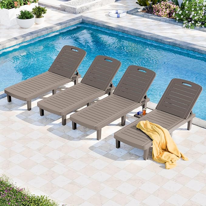 Outdoor Chaise Lounge Set of 4, 5-Position Adjustable Sun Lounge w/Pull-Out Tray, Waterproof PP Lounge Chairs for Outside, Lounge Chairs for Poolside, Patio, Beach, Yard in All Weather,Taupe