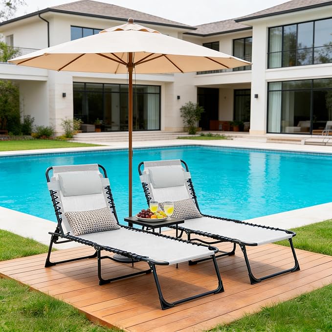 Folding Chaise Lounge Chair, Patio Teslin Tanning Chair, Outdoor Chaise Lounger with 5-Position Reclining Back, Breathable Mesh Seat for Beach, Poolside, Patio Sunbathing Grey