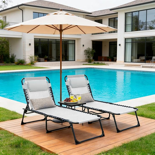 Folding Chaise Lounge Chair, Patio Teslin Tanning Chair, Outdoor Chaise Lounger with 5-Position Reclining Back, Breathable Mesh Seat for Beach, Poolside, Patio Sunbathing Grey