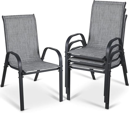 MAMIZO Patio Dining Chairs, Stackable All Weather Teslin Chair, Heavy Duty Outdoor Breathable Chairs Set, w/Armrests, Upgraded Chair FeetW/Strenthened Iron Spacers, 330 LBS (4, Grey)