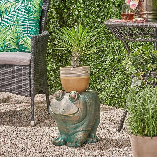 Garden Stool, Plant Stool or Frog Table for Garden, Front Porch, Patio, Outside, Indoor, Lightweight Concrete, Weather-Resistant, Distressed Gold Patina Finish, No Assembly (Frog)