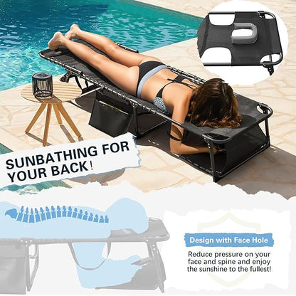 Greesum Chaise Lounge Folding Tanning Chair with 5 Position Adjustable Back, Detachable Pillow & Pocket for Outside Pool, Beach, Sunbathing, Black w/Face Hole
