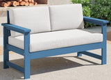 SERWALL HDPE Outdoor Loveseat with Cushions, All Weather Use Outdoor Loveseat Sofa, Blue Frame with Khaki Cushions - Photo 1