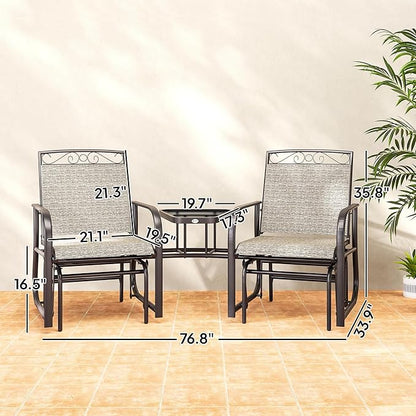 Outsunny Outdoor Glider Chairs with Coffee Table, Patio 2-Seat Rocking Chair Swing with Breathable Sling for Backyard, Garden and Porch, Gray