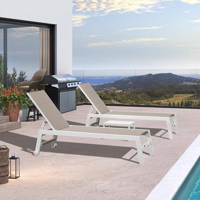 PURPLE LEAF Outdoor Oversized Chaise Lounge Set for Tall & Strong Individuals Adjustable Recliner Extra Wide Lounge Chairs with Side Table for Poolside Beach Patio Aluminum Chaise Lounger Khaki