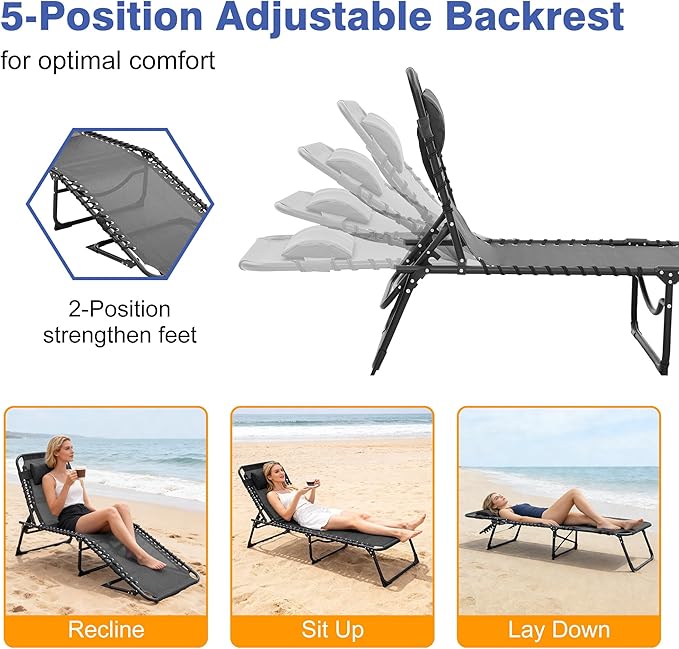 Folding Chaise Lounge Chair, Patio Teslin Tanning Chair, Outdoor Chaise Lounger with 5-Position Reclining Back, Breathable Mesh Seat for Beach, Poolside, Patio Sunbathing