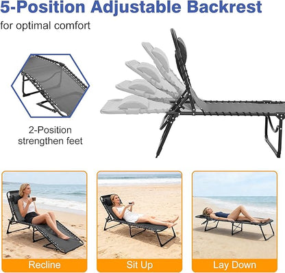 Folding Chaise Lounge Chair, Patio Teslin Tanning Chair, Outdoor Chaise Lounger with 5-Position Reclining Back, Breathable Mesh Seat for Beach, Poolside, Patio Sunbathing