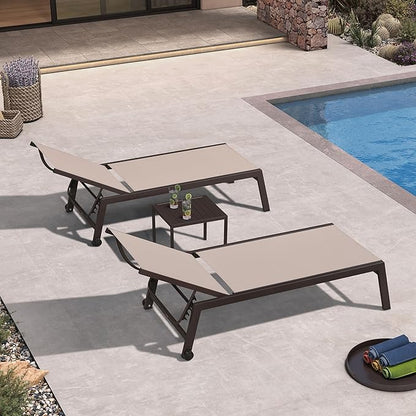 PURPLE LEAF Extra Large Outdoor Chaise Lounge Chairs Set of 2, Aluminum Oversized Patio Loungers with Side Table and Wheels for All Weather for Outside Deck, Lawn, Garden, Sand Beige