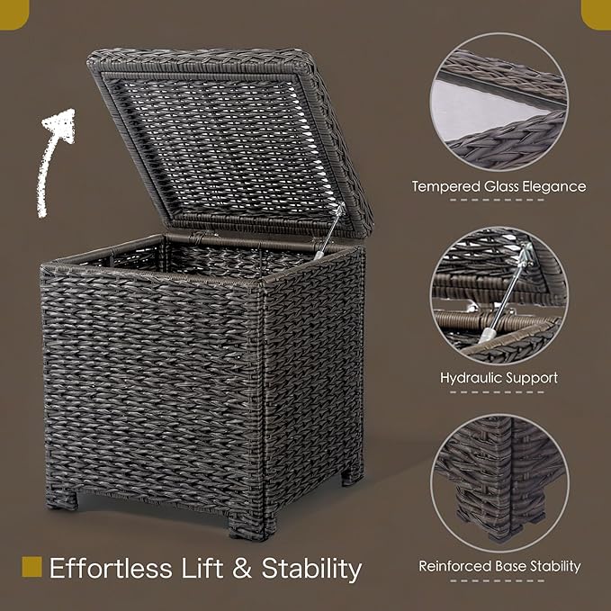 Classic Outdoor Storage Side Table, Weather-Resistant HDPE Rattan Wicker Patio Coffee Table w/Tempered Glass Flip Top for Porch Pool, Dark Brown