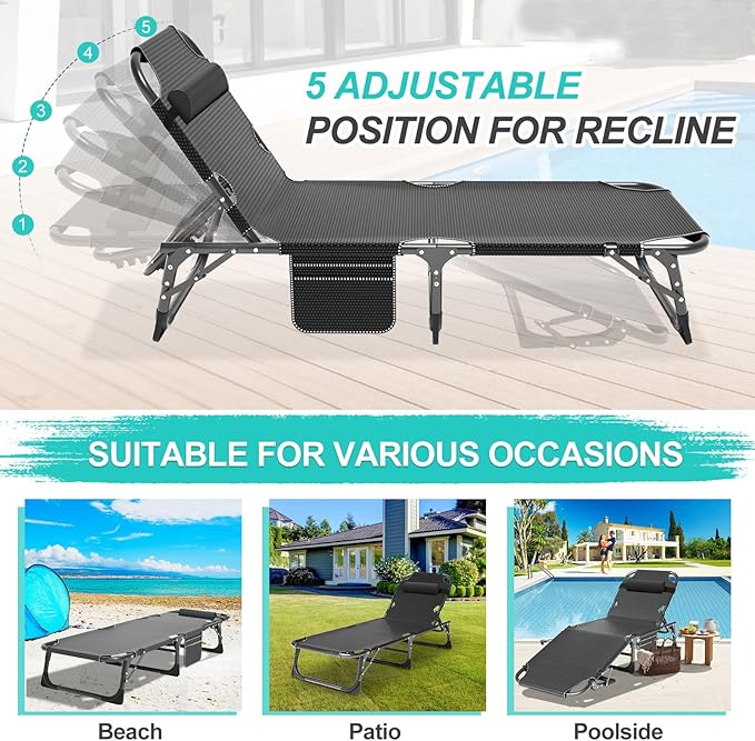 ABORON 3-in-1 Folding Patio Lounge Chair, 440LB Heavy-Duty Tri-Fold Guest Bed with Plush Cotton Cushion, No Assembly Adjustable Recliner for Office Nap, Patio Sunbathing, Poolside & Camping
