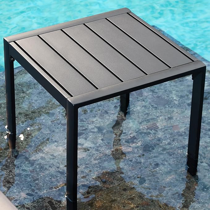 Outdoor Side Table, Never-Rust Aluminum Patio Side Table, Pool End Table with Slatted Top, Modern Outdoor Porch Tables for Beach, Poolside, Deck, Yard