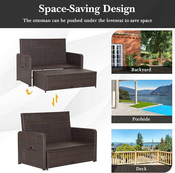 COSTWAY Patio Rattan Daybed with Cushions, Outdoor Wicker Loveseat Sofa with Storage Ottoman - Photo 4