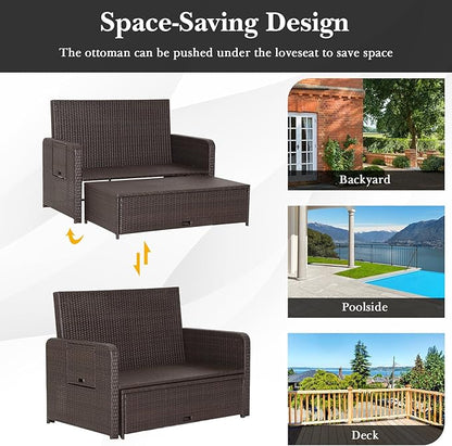 COSTWAY Patio Rattan Daybed with Cushions, Outdoor Wicker Loveseat Sofa with Storage Ottoman, 4-Level Adjustable Backrest, Bed Lounger for Yard, Balcony, Porch, Garden, Pool (Grey)
