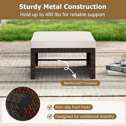 RELAX4LIFE Wicker Outdoor Ottoman Set of 2 - Rattan Footstools Foot Rest w/Removable Cushions, Multipurpose Side Table & Additional Seating, Outdoor Ottomans for Patio Garden Porch (Brown-White)