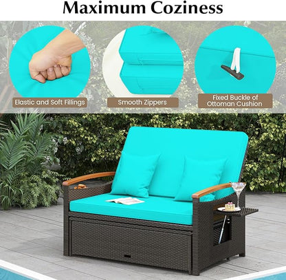 Moccha Outdoor Wicker Daybed, Patio Rattan Loveseat Sofa w/ 4-Level Adjustable Backrest, Folding Panels, Storage Ottoman & Cushions, Lounge Furniture Set for Poolside Backyard Porch (Turquoise)
