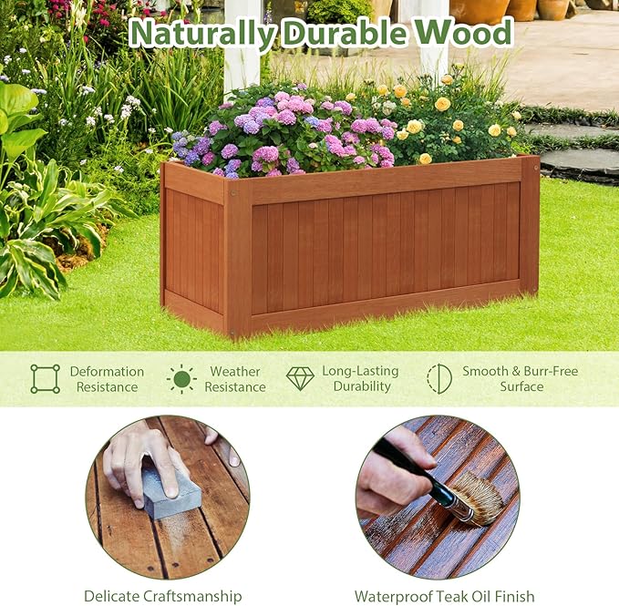 Outdoor Planter Bench, 45 Gallon Outdoor Bench Wooden Raised Garden Bed with Planter Box, 2-in-1 Wood Planter Bench Deck Plant Box for Porch, Patio, Garden & Backyard