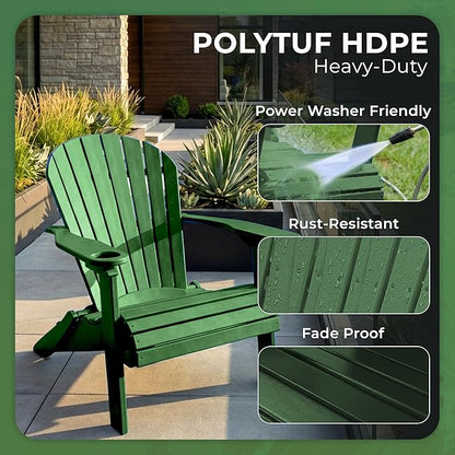 Ecommersify Folding Adirondack Chair with Cup Holder - (Turf Green) - Heavy Duty Recycled Poly Lumber Folding Chair - Amish Crafted Outdoor Furniture - Made in USA