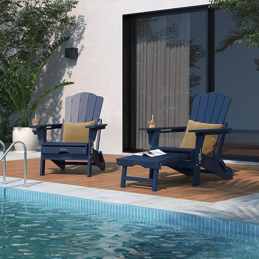 Adjustable Adirondack Chairs with Retractable Ottoman Set of 4, HDEP Folding Adirondack Chair with Footrest & Cup Holder, All Weather Fire Pit Chair for Outdoor,Navy Blue