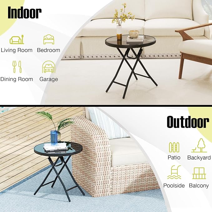 Tangkula Round Folding Side Table, 18 Inch Patio Coffee Table with Tempered Glass Tabletop and Metal Frame - Photo 9