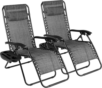 TLSUNNY Zero Gravity Chair Set of 2, Outdoor Folding Lounge W/Detachable Headrest & Holder Tray, Adjustable Textilene Lawn Reclining, No Assembly Required, for Patio, Garden, 330LBS (1, Grey)