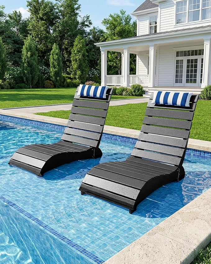 Pool Lounge Chairs Set of 2, HDPE Adjustable Chaise Chairs with Headrest, Weighted Fade-Resistant Pool Chairs and Lounger for Baja Ledge，Poolside and Deck, Black