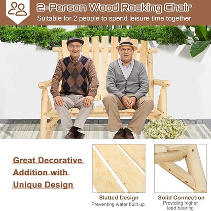 HOMEDIARY Outdoor Wood Rocking Bench, 2-Person Rustic Adirondack Log Rocker with Slatted Seat, High Backrest/Armrests, Double Wooden Patio Porch Rocking Loveseat for Garden Backyard Porch, Natural