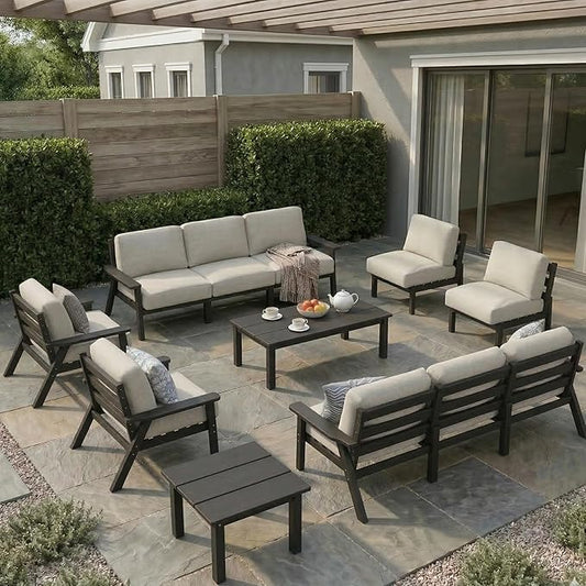 HDPE Patio Furniture Set 10 Seats, Outdoor Couch with Washable Thick Beige Cushions & Coffee Table & Side Table, Outdoor Sectional Furniture for Backyard, Deck, Lawn, Porch (Brown Frame)