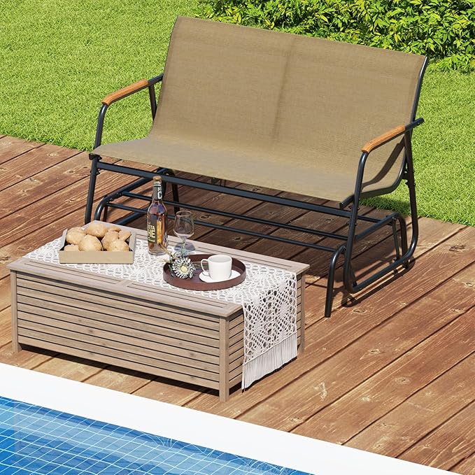 Giantex Patio Glider Bench, 2-Person Swing Gliding Loveseat with Curved Teak Armrests, Fabric Seat, Metal Frame - Photo 9