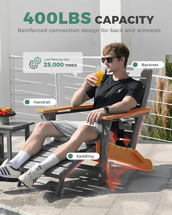 Folding Adirondack Chair with Retractable Ottoman Weather Resistant Fire Pit Chair Patio Chair with 2 Cup Holder Lawn Outdoor Lounge Chair (Grey)