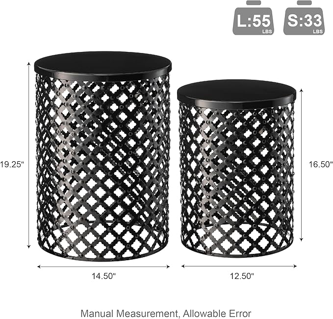 Glitzhome Outdoor Side Table Set of 2, Decorative Garden Stool for Patio Heavy Duty Metal Frame Modern Accent Table, Black