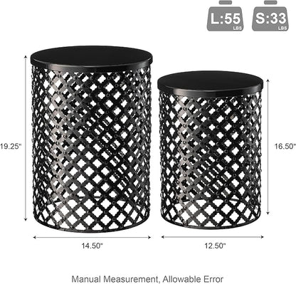 Glitzhome Outdoor Side Table Set of 2, Decorative Garden Stool for Patio Heavy Duty Metal Frame Modern Accent Table, Black