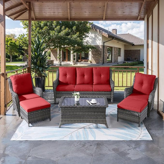 HUMMUH Outdoor Furniture 6 Pieces Patio Furniture Set Wicker Outdoor Sectional Sofa with 2 Patio Chairs,Ottomans,Coffee Table(Grey/Red)