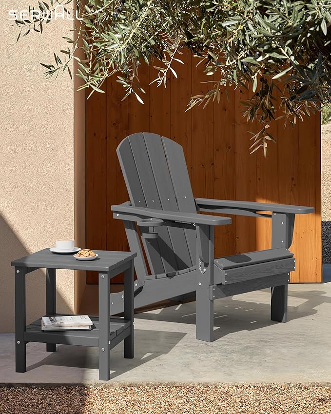 SERWALL 2-Tier HDPE Outdoor Side Table, Weatherproof Rectangular Adirondack Side Table, Grey
