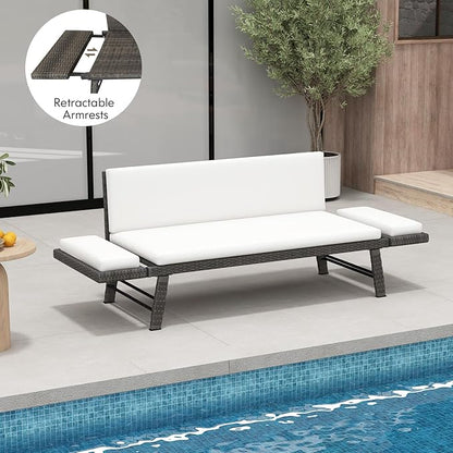 Tangkula Outdoor Convertible Sofa Daybed with Adjustable Armrests, PE Rattan Patio Couch Furniture with Removable Cushions, Patio Chaise Lounge Loveseat for Porch, Balcony, Backyard, Poolside