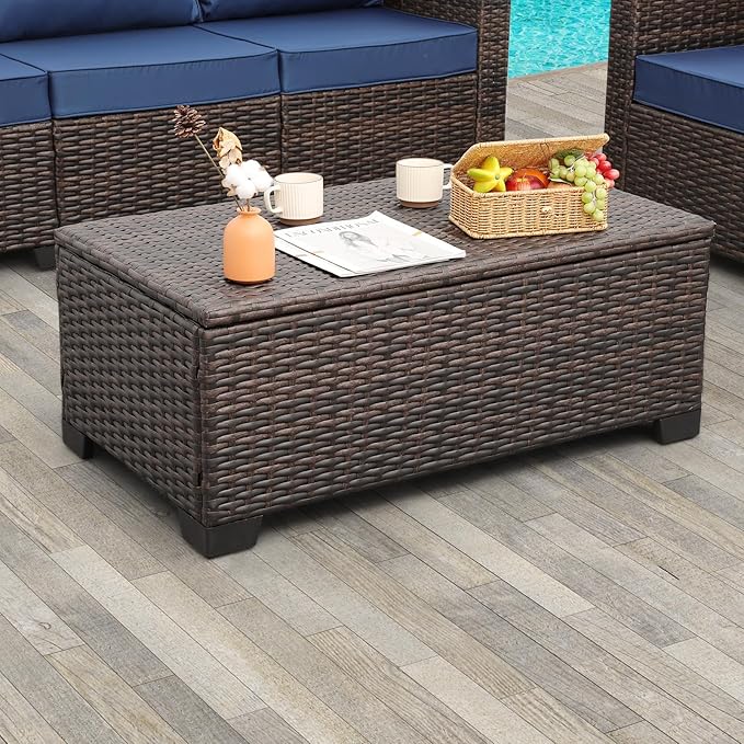 Rattaner Outdoor Table Patio Furniture All-Weather Patio Table Wicker Coffee Table with Storage and Furniture Cover, Dark Brown