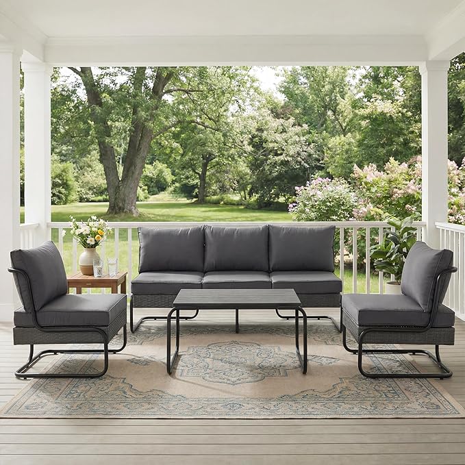 4 Piece Patio Furniture Set, Modern Patio Conversation Set for 5, All Weather Bistro Furniture Set, Metal Patio Sofas Outdoor Sectional with Coffee Table and Cushions for Lawn/Garden, Gray