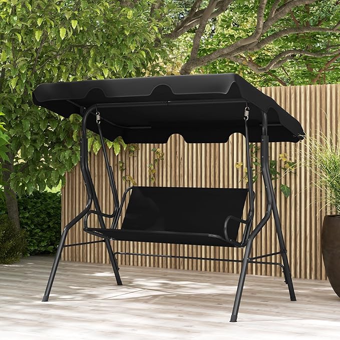 RELAX4LIFE 3-Person Porch Swing Chair - Outdoor Swing w/Adjustable Canopy, Removable Cushion & Metal Frame Stand - Photo 2