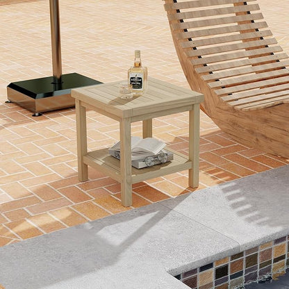 Tangkula 2-Tier Outdoor Side Table, Teak Wood End Table with Storage Shelf, Square Patio Snack Table, Coffee End Table for Porch Deck Garden, Natural