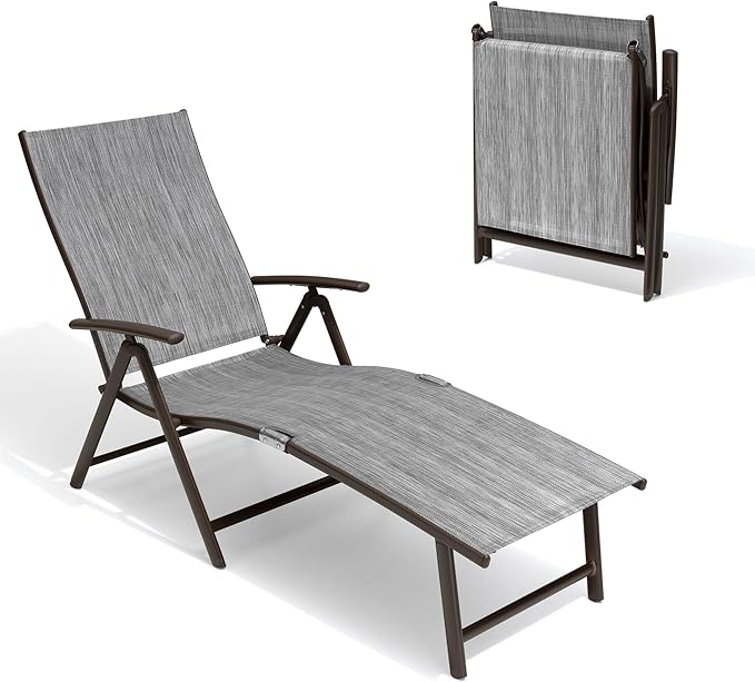 Crestlive Products Folding Patio Chaise Lounge Chair Outdoor, Aluminum Adjustable Outdoor Pool Recliner Chair, Assemble-Free, 8 Positions