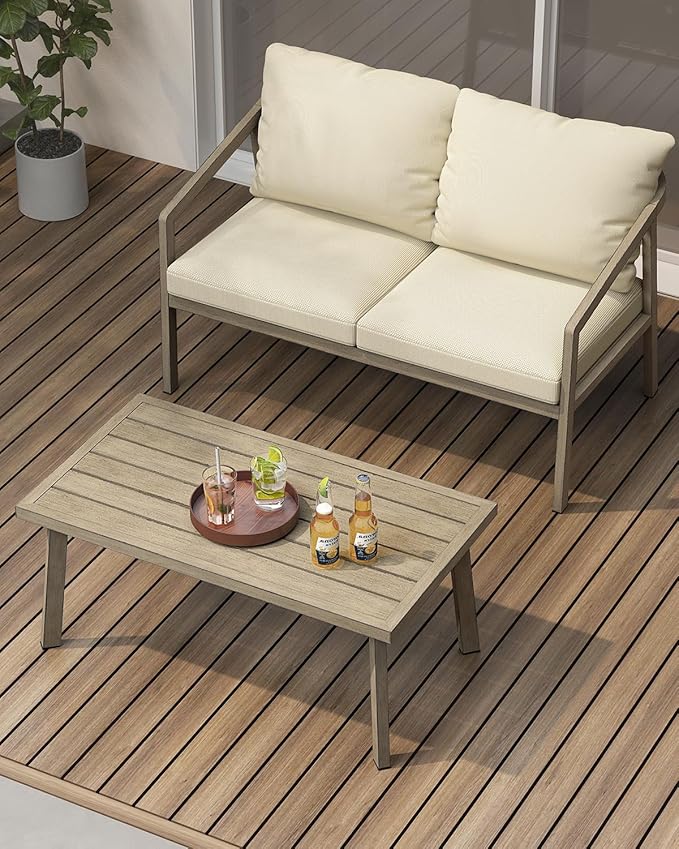 Patio Coffee Table, Never-Rust Aluminum Outdoor Coffee Table with Wood Grain Texture, Modern Rectangle Garden Coffee Table with Slatted Tabletop for Poolside, Decks, Indoor, Balcony, Gray Oak | Never-Rust, Wood Grain Texture, Slatted Tabletop
