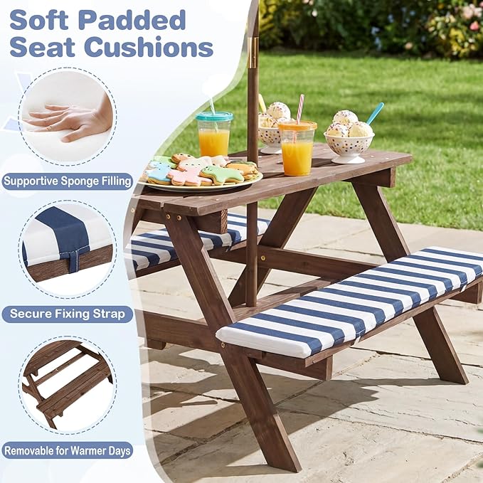 Costzon Kids Picnic Table, Wooden Toddler Outdoor Table & Bench Set with Removable Umbrella & Cushions, Stripe Fabric, Kids Outdoor Furniture for Patio Backyard Garden, Fits 4 Children Age 3+ (Navy)