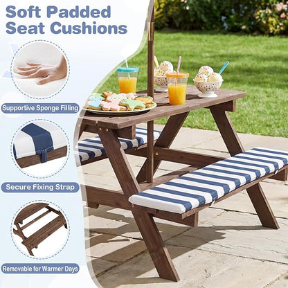 Costzon Kids Picnic Table, Wooden Toddler Outdoor Table & Bench Set with Removable Umbrella & Cushions, Stripe Fabric, Kids Outdoor Furniture for Patio Backyard Garden, Fits 4 Children Age 3+ (Navy)