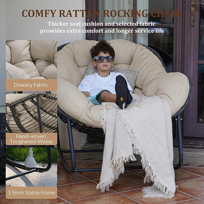 Oversized Rocking Chair Outdoor Set of 2, Rocking Papasan Chair, Patio Egg Chair with Padded Cushion, Outdoor Wicker Rocking Chair for Front Porch, Garden, Patio (Beige)