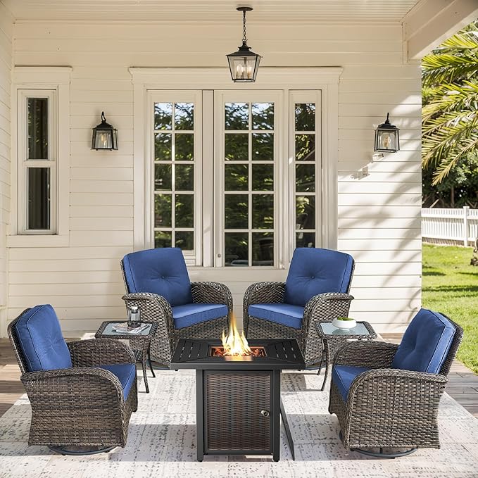 7 Pieces Patio Furniture with Fire Pit-High Back Swivel Patio Chairs Set of 4 with Outdoor Side Table Outdoor Patio Furniture Set for Deck Porch Garden Balcony Poolside-Brown/Blue