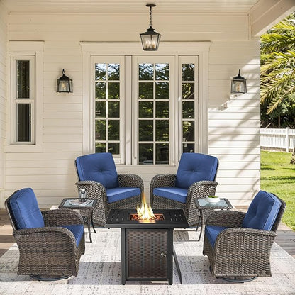7 Pieces Patio Furniture with Fire Pit-High Back Swivel Patio Chairs Set of 4 with Outdoor Side Table Outdoor Patio Furniture Set for Deck Porch Garden Balcony Poolside-Brown/Blue