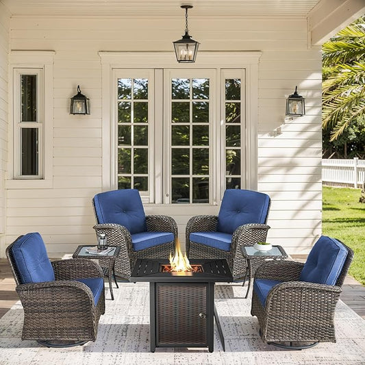 7 Pieces Patio Furniture with Fire Pit-High Back Swivel Patio Chairs Set of 4 with Outdoor Side Table Outdoor Patio Furniture Set for Deck Porch Garden Balcony Poolside-Brown/Blue