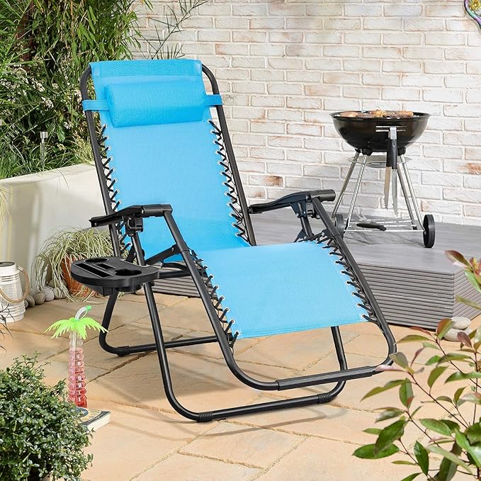 Flamaker Patio Zero Gravity Chair Outdoor Folding Lounge Chair Recliners Adjustable Lawn Lounge Chair with Pillow for Poolside, Yard and Camping (Blue)