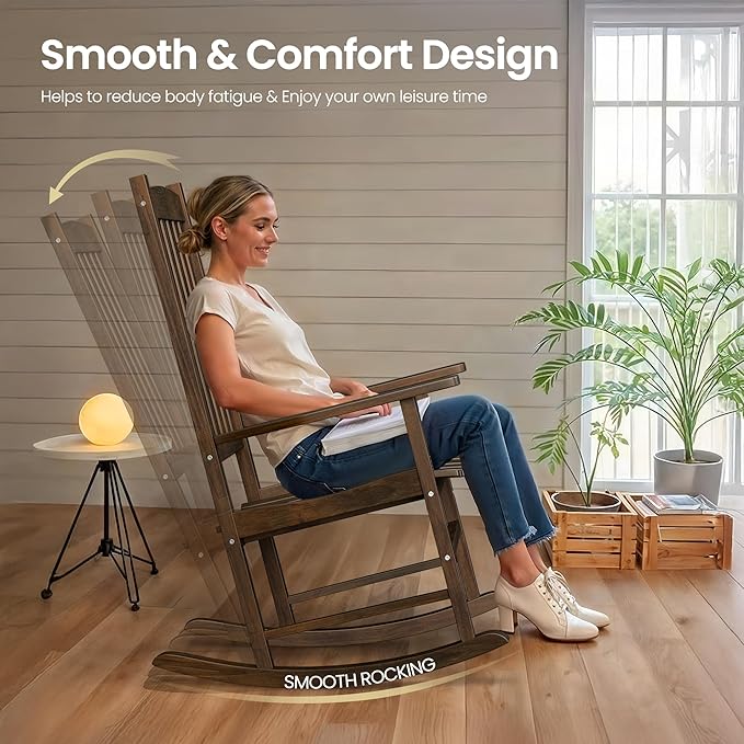 Nouva All-Weather Patio Rocking Chair, Solid Wood High Back Outdoor Porch Rocker Lounge Camping Chair for Porch Patio Fire Pit Garden Backyard Deck Poolside Lawn,Natural